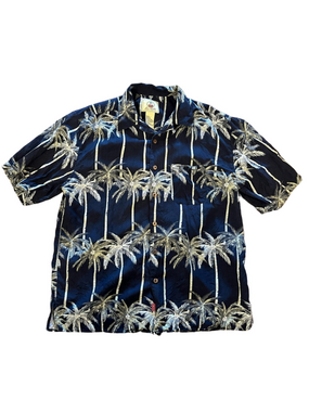 Joe Marlin 100% Silk Navy Blue Palm Tree Hawaiian Resort Shirt Large